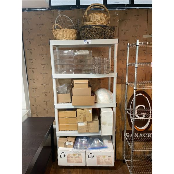 5 TIER PLASTIC SHELF WITH ASSORTED CHOCOLATE MOULDS & PLASTIC DISPLAY ITEMS