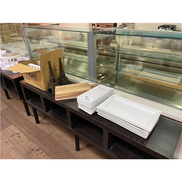 BOX OF DECORATIVE VASES, WOODEN SERVING BOARDS, & WHITE COMMERCIAL DISHWARE