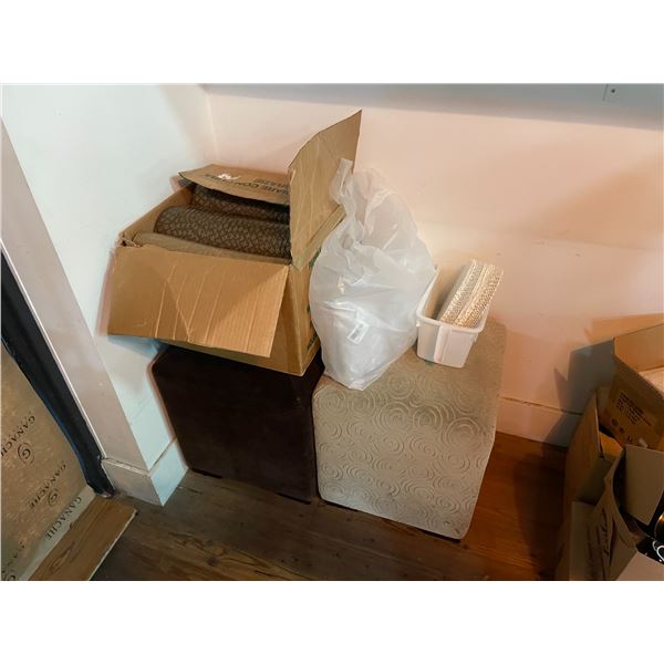 7 ASSORTED WHITE WALL HUNG SHELVES, 2 STOOLS & ASSORTED TAKE AWAY CONTAINERS