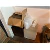Image 1 : 7 ASSORTED WHITE WALL HUNG SHELVES, 2 STOOLS & ASSORTED TAKE AWAY CONTAINERS