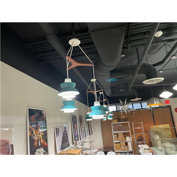 5 BLUE / WHITE / WOOD 3 PENDENT CEILING LIGHTS