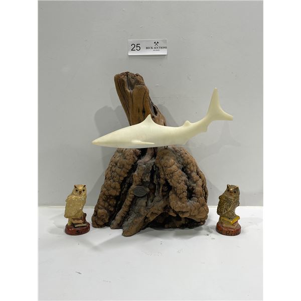 John Perry Shark Sculpture, And Owl FIgurines