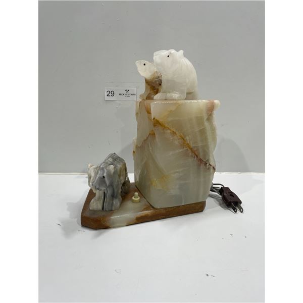 Vintage Hand Carved Onyx Alabaster Polar Bear Sculptural Untested Lamp, Needs Rewiring