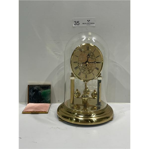 Antique Golden Clock And Vintage Powder Puff