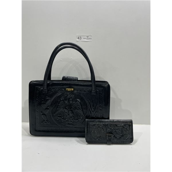 Black Hand Tooled Leather Western Matching Purse And Wallet