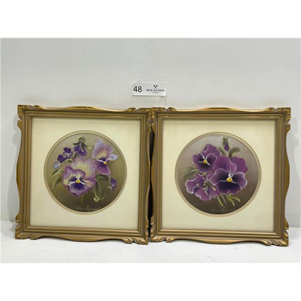 Original Rose Leonard, 2 Matching Gold Framed Floral Prints, 10.5L x 10.5W