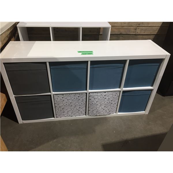 White 8 Cube Shelf with bins (Ikea) 58x16x30H