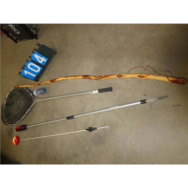 fishing net, hiking stick, reflectors