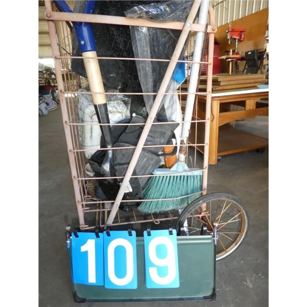 cart w/ shovel, broom, knee pads, gardening