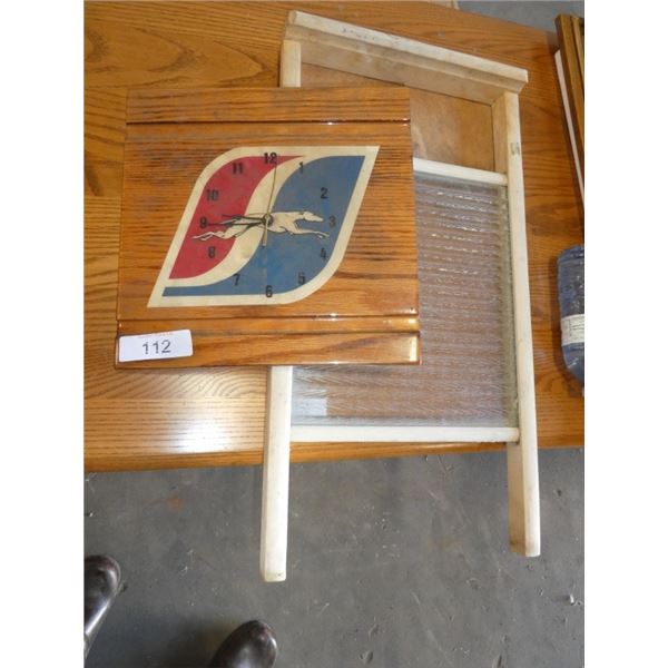 wooden greyhoud clock, antique washboard