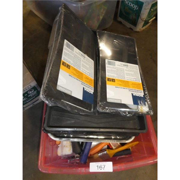paint supplies: trays, rollers, brushes, etc