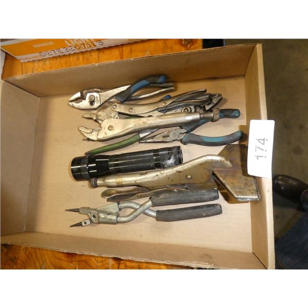 folding pliers, vice grips, flash light, snap ring