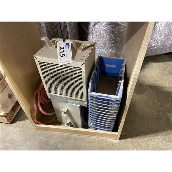 2 ELECTRIC SHOP HEATERS & STACK OF BLUE PARTS BINS