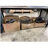 Image 1 : 3 BOXES OF ASSORTED PPE ITEMS, EXTENSION CORDS, VARIOUS METAL SHOP TOOL ITEMS, & BIN OF STRAPS