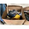 Image 2 : 3 BOXES OF ASSORTED PPE ITEMS, EXTENSION CORDS, VARIOUS METAL SHOP TOOL ITEMS, & BIN OF STRAPS