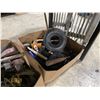 Image 4 : 3 BOXES OF ASSORTED PPE ITEMS, EXTENSION CORDS, VARIOUS METAL SHOP TOOL ITEMS, & BIN OF STRAPS