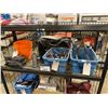 Image 1 : SHELF OF ASSORTED C-CLAMPS, VISE GRIPS, BOTTLE JACK, SKIL ELECTRIC BELT SANDER, & BUCKET OF GRINDER