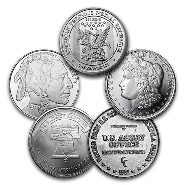 Five Round 1 oz .999 fine Silver Coins