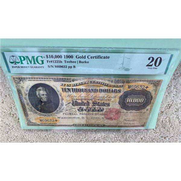 1900 $10,000 TEN THOUSAND DOLLARS U.S. GOLD CERTIFICATE NOTE FR#1225h PMG 20