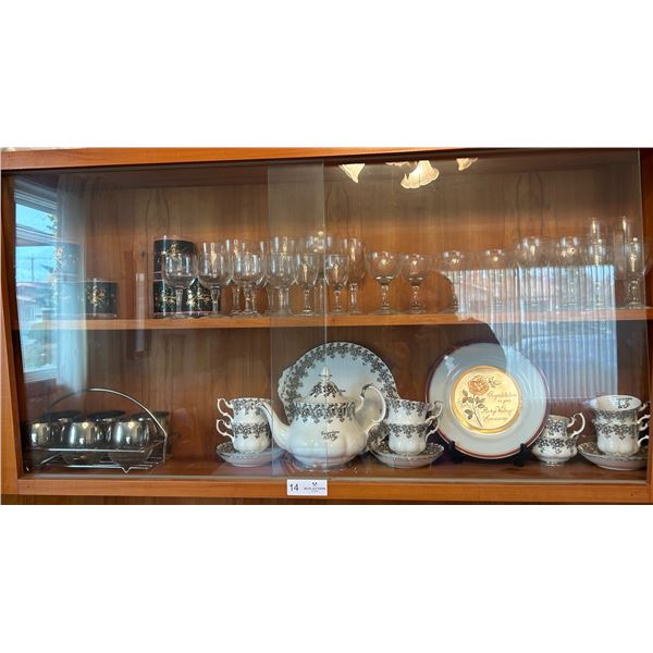 Entire Contents Of Shelves Including Glassware And  25th Wedding Anniversary Tea Set