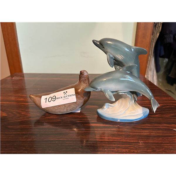 Stone Craved Bird And Ceramic Dolphin