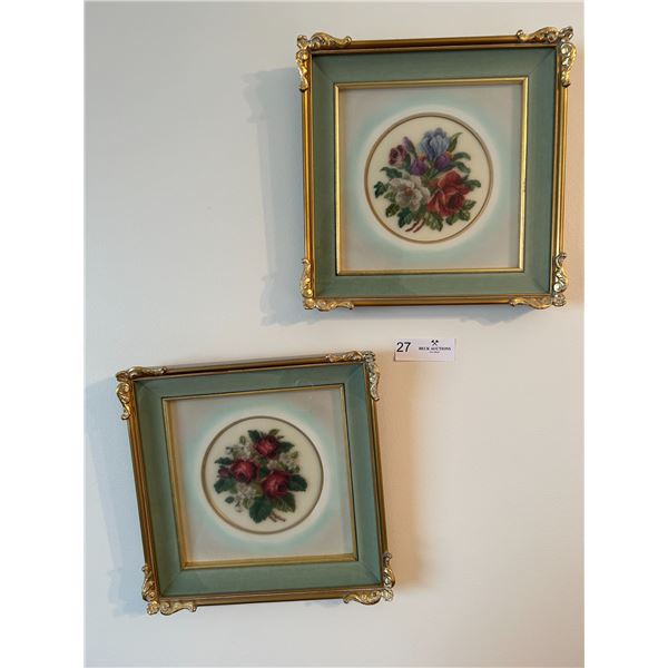 Pair Of Handmade Embroidered Flowers 11x11