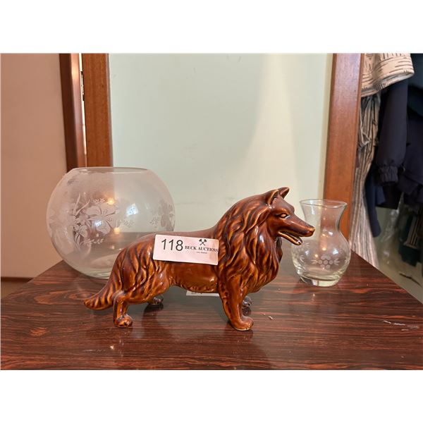Ceramic Dog With Glass Flora Design Vases
