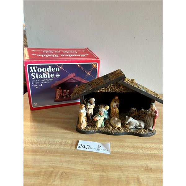 Wooden Stable Ceramic Nativity Scene