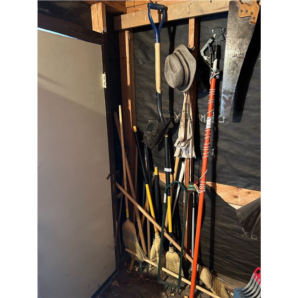 Assorted Brooms And Garden Tools