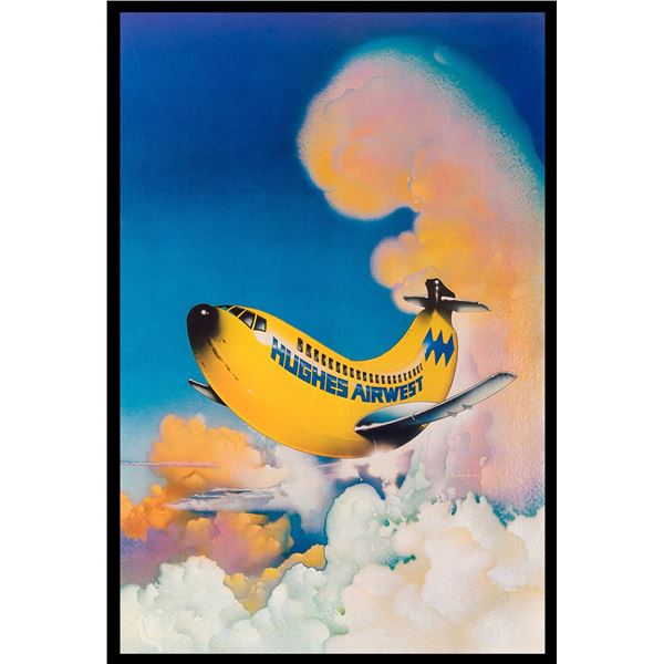 HUGHES AIRWEST 1970s BANANA PLANE POSTER MOUNTED ON LINEN.