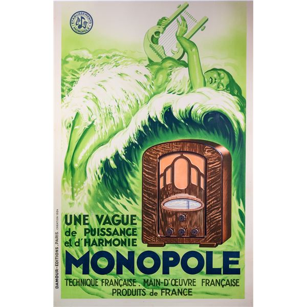 1930s ART DECO "MONOPOLE" FRENCH RADIO POSTER MOUNTED ON LINEN.