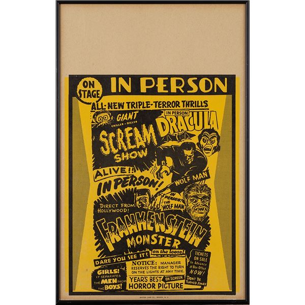 VINTAGE "GIANT CHILLERDILLER SCREAM SHOW" SPOOK SHOW POSTER.