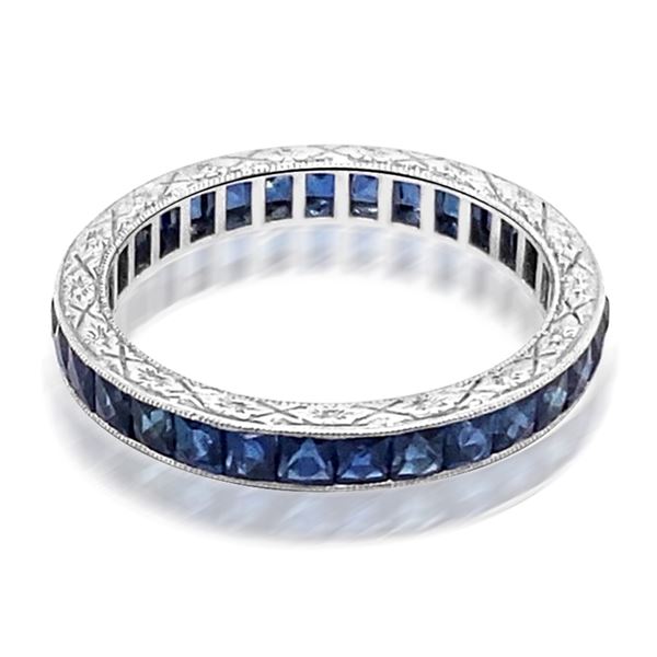 Natural Ceylon Blue Sapphire Hand Carved Platinum Ring