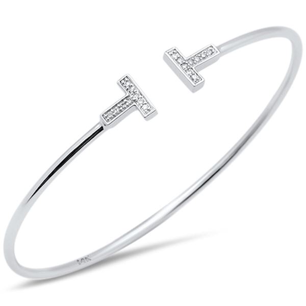 0.09ct 14K White Gold Diamond Open T Bangle Bracelet