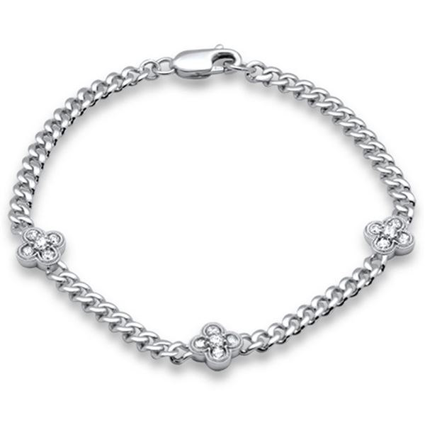 0.60ct 14K White Gold Diamond Cuban Chain Flower Bracelet 7" Long