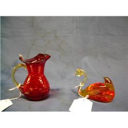 4.5 red crackle glass pitcher,  red glass swan