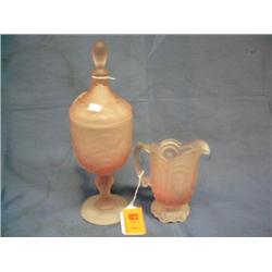 6" Pink satin glass pitcher, 13"  covered jar