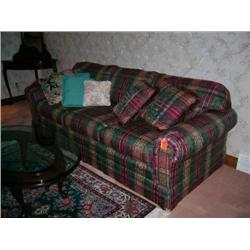 7 1/2 foot maroon & green sofa with pillows