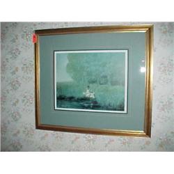 Gold framed Bahl 83 print-Girls by pond, 36 x 32