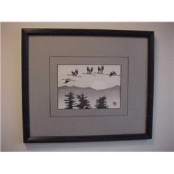 Japanese framed print-Migrating cranes-13. x 15.5