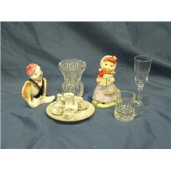 box - mini tea set, 2 china figurines, small cut g