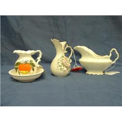 Lefton pitcher, homer laughlin gravy boat enesco p