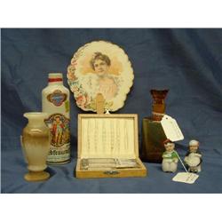 contents of box crock bottle old cardboard fan, sa