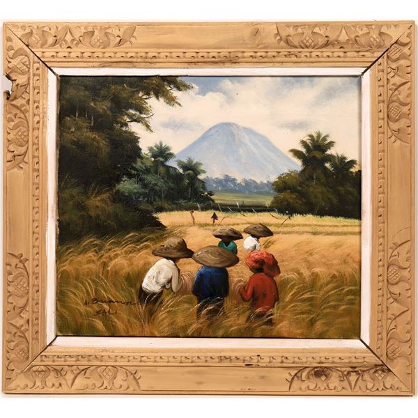 Bali Oil Painting Scene in Hand Carved Wooden Frame  [139632]