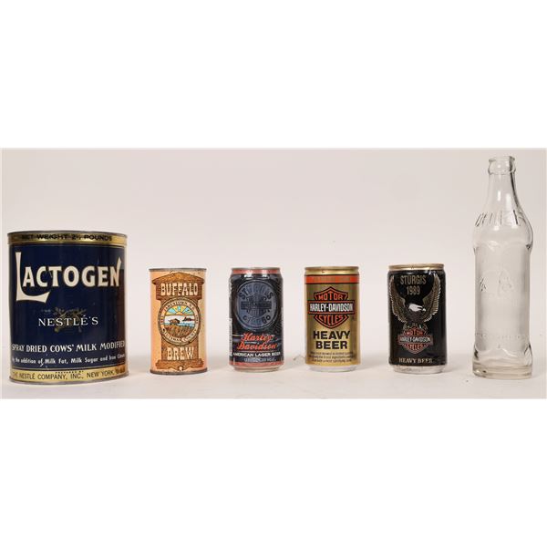 Harley Davidson Beer Cans, 3, Lactogen Can and Big Chief Soda Bottle  [170748]