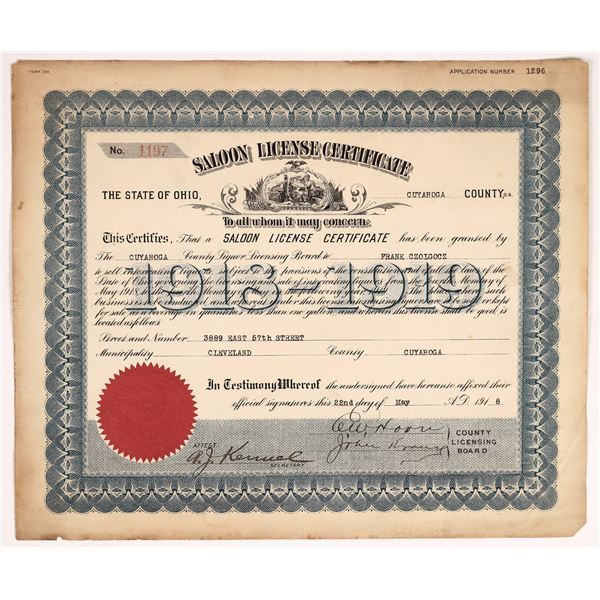 Saloon License Certificate, Cleveland, Pre-Prohibition  [165894]