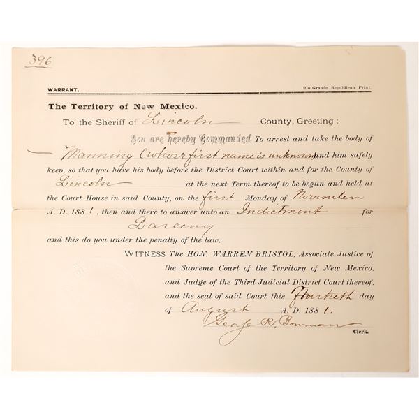 Lincoln County Warrant Listing Pat Garrett as Sheriff 1881  [171189]