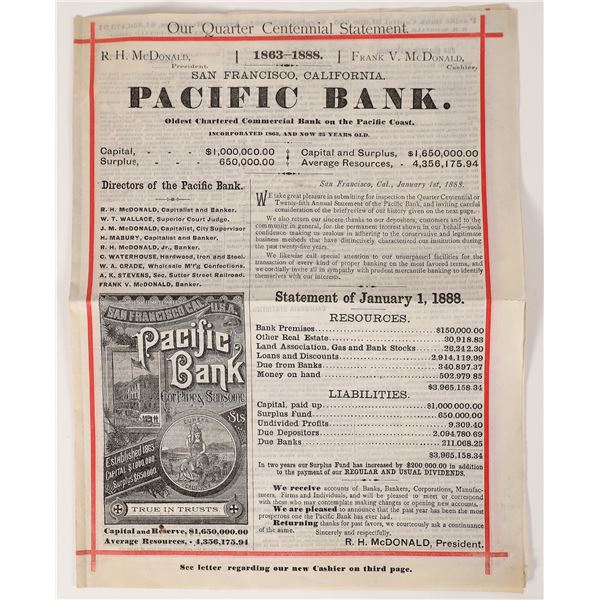 Pacific Bank 1888 Statement, Rare  [171700]