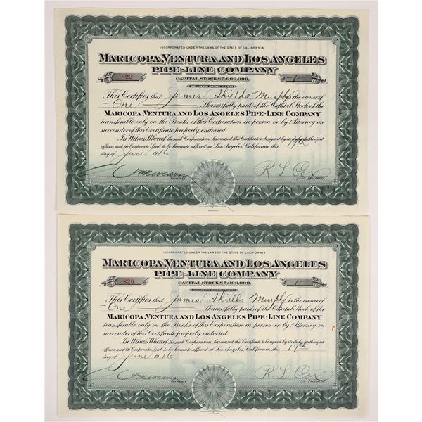 Maricopa, Ventura & Los Angeles Pipe-Line Co. Stock Certificate Pair  [165821]