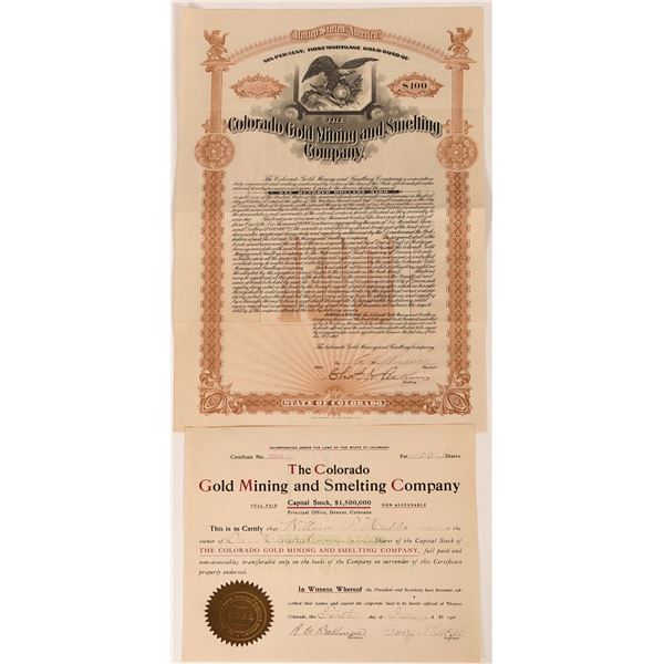 Colorado Gold Mining & Smelting Co Stock Certificate & Gold Bond (2)  [118596]